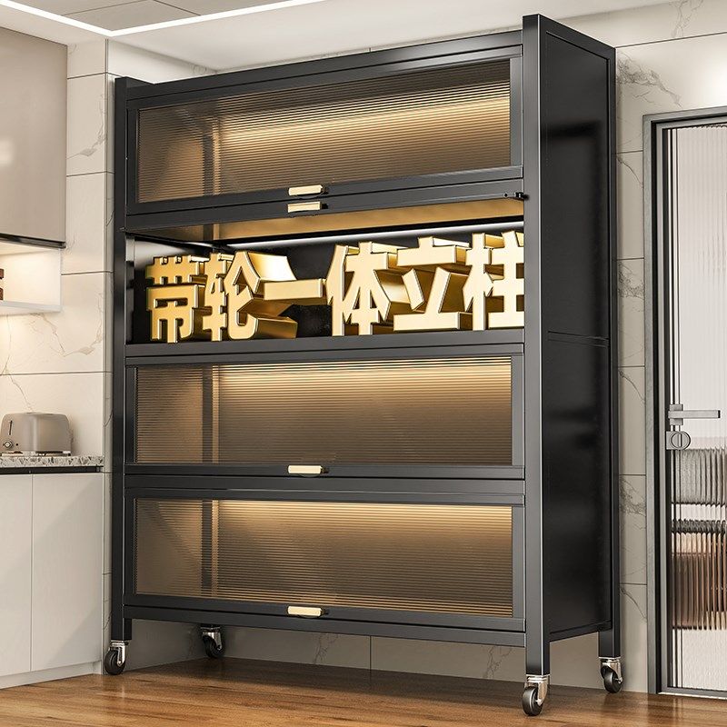 带轮厨房钢制收纳柜一体立柱储物柜多层落地置物架可移动橱柜碗柜