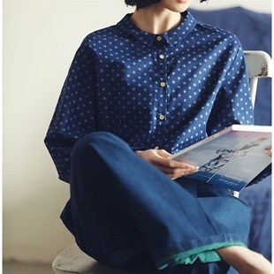 雨落 女衫 高密高支细密全棉波点长袖 上装 2024新 衬衣春款 独上织造