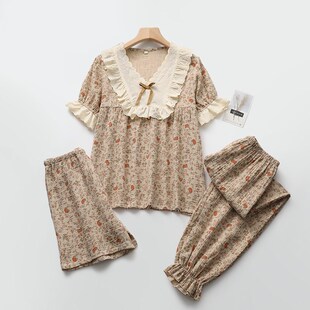 大蕾丝套头睡衣女纯棉纱夏季短袖C短裤长裤三件家居睡眠服套装碎