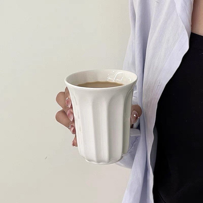 日式设计感竖纹陶瓷咖啡杯纯白冰拿铁咖啡杯Dirty澳白杯咖啡厅用