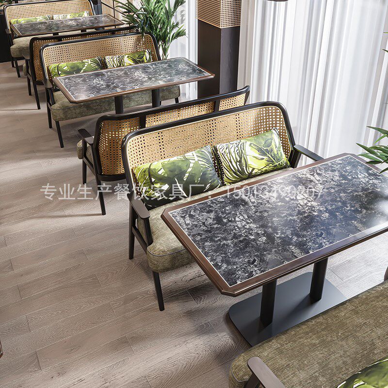 实木卡座沙发定制编藤茶楼主题餐厅咖啡日料东南亚风泰式桌椅组合