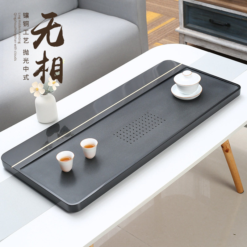 厂家直供天然乌金石茶盘家用简约整块石头大号多孔排水式茶台茶具