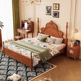 法式 3128家用主卧1.m婚床风中古风1.5m硬靠双人木床 复古实床HT