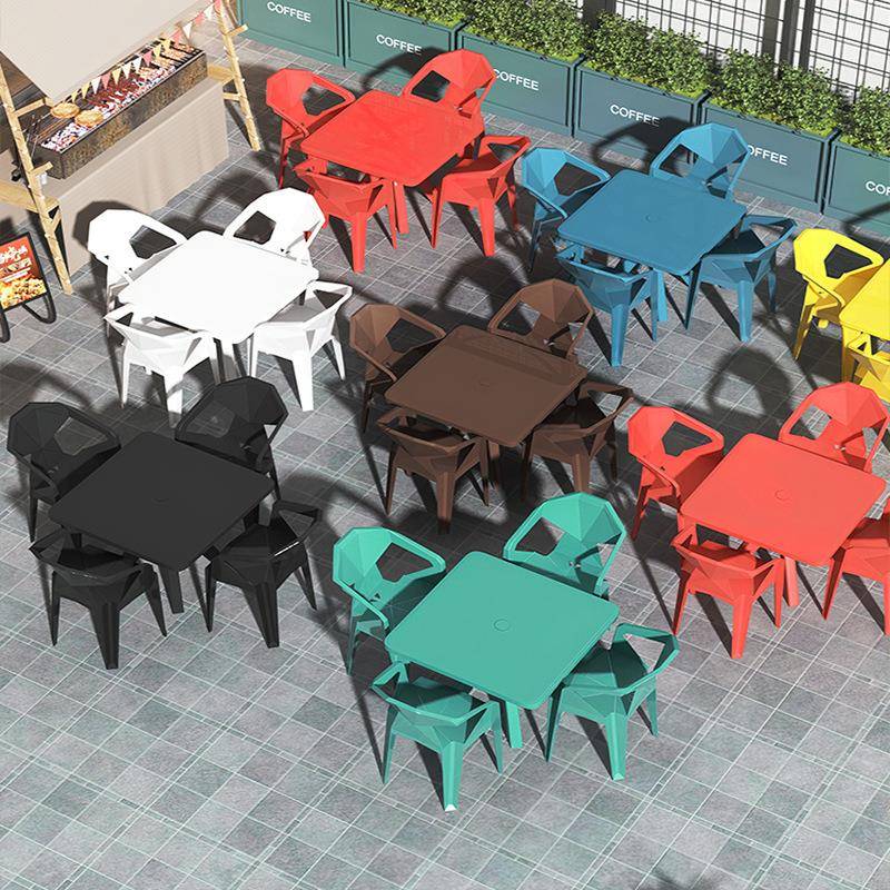爆加厚款塑料靠户背椅子大排档桌椅组合92方桌+8外烧烤饭店摆简外约方形桌