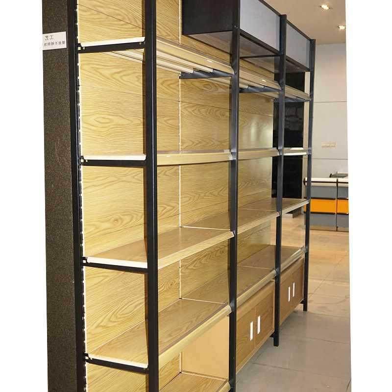 便利店单面铁转588印木色钢木超市?货架展示纹架展架储物架酒柜质
