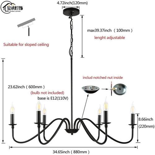 跨亚马逊境复古工风餐厅吊XC221015灯 美式乡1村E业2蜡烛弯管铁艺