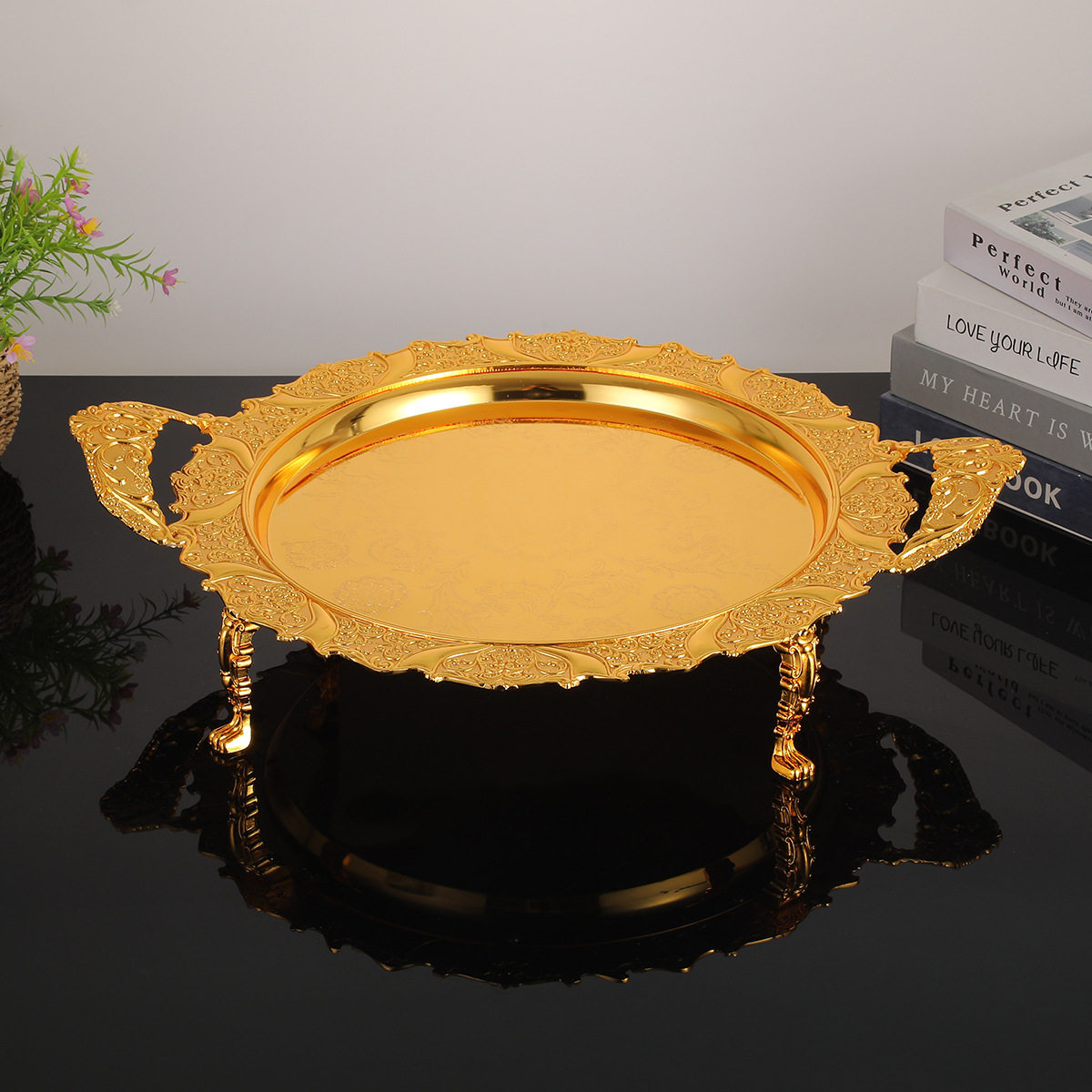 高档轻奢风锌合金金色高脚托盘家居酒店时尚装饰大果盘甜品展示架