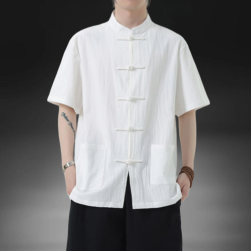 夏季新款中国风棉麻短袖衬衫男装中式短袖唐装汉服盘扣立领衬衣薄