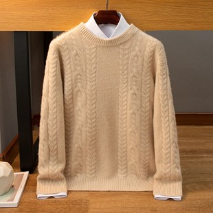 商务休闲毛衣羊毛针织打底衫 山羊绒男士 加厚圆领双股扭花2024冬季