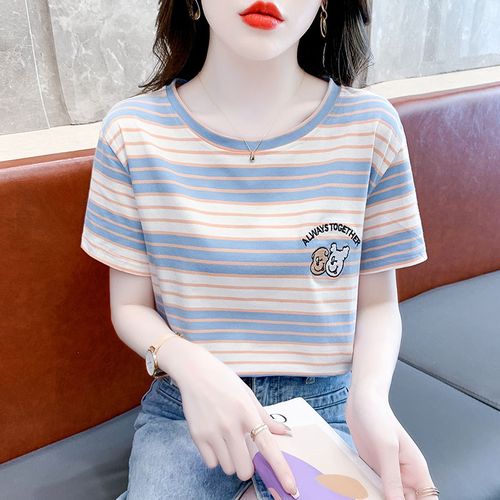 纯棉刺绣条纹短袖t恤女2024新款爆款夏季小众别致上衣潮宽松体恤