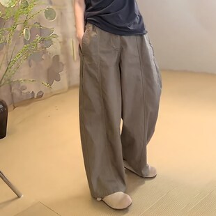 感浅棕色舒适棉麻大码 简约休闲风直筒裤 阔腿裤 新款 女2025夏季 时尚