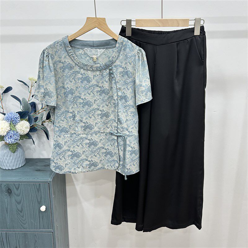 中老年女阔腿裤套装妈妈夏装国风新中式雪纺小衫短袖t恤薄款上衣