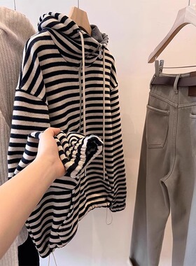 特大码300斤美式复古加厚条纹连帽加绒半拉链卫衣女设计感上衣春
