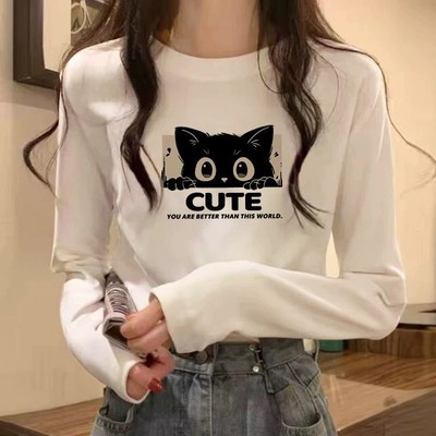 早春秋季纯棉长袖t恤女上衣白色2025新款打底衫内搭秋冬宽松大码