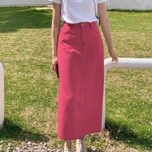 牛仔半身裙玫红色女春夏小个子宽松包裙火龙果色半裙韩版直筒裙子
