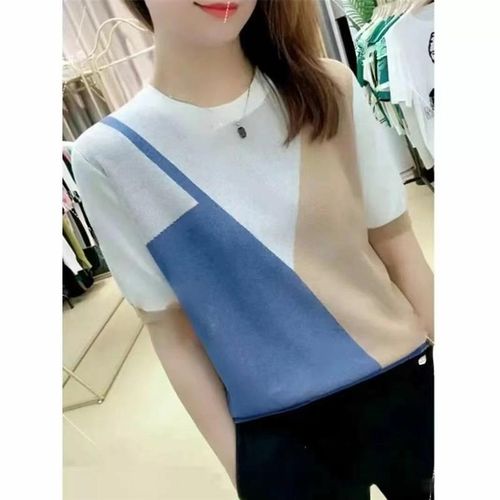 夏季新款修身百搭显瘦薄款冰丝针织衫女短袖上衣T恤圆领套头打底