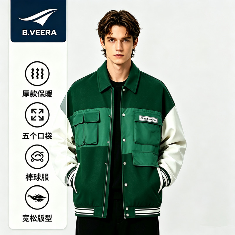 B.VEERA/倍福来2026美式复古风五口袋棒球服男女情侣加厚外套男