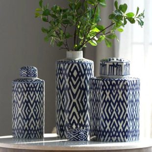 Powkhome出口美国青花瓷花瓶新中式蓝色几何条纹客厅玄关装饰摆件