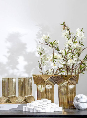 简约现代几何金色陶瓷花器摆件B样板间客厅展示厅创意装饰品摆放