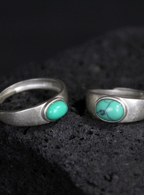 蒙族戒指925j银手工制作情侣对戒光面镶嵌绿松石蒙古银指环活口