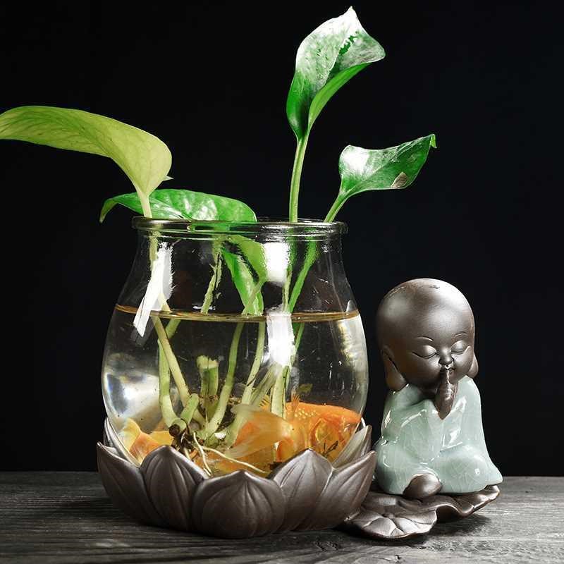 速发新款创意绿萝水培植物玻璃透明水养花瓶插花容W器花盆器皿桌