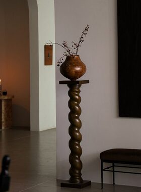 形上法式中古底座螺旋雕塑台柱子落地侘寂艺术摆件复古立柱装饰