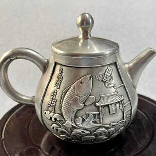 古玩铜壶仿白铜镀银鲤鱼跃龙门酒壶茶壶工艺壶摆件仿乾隆年制