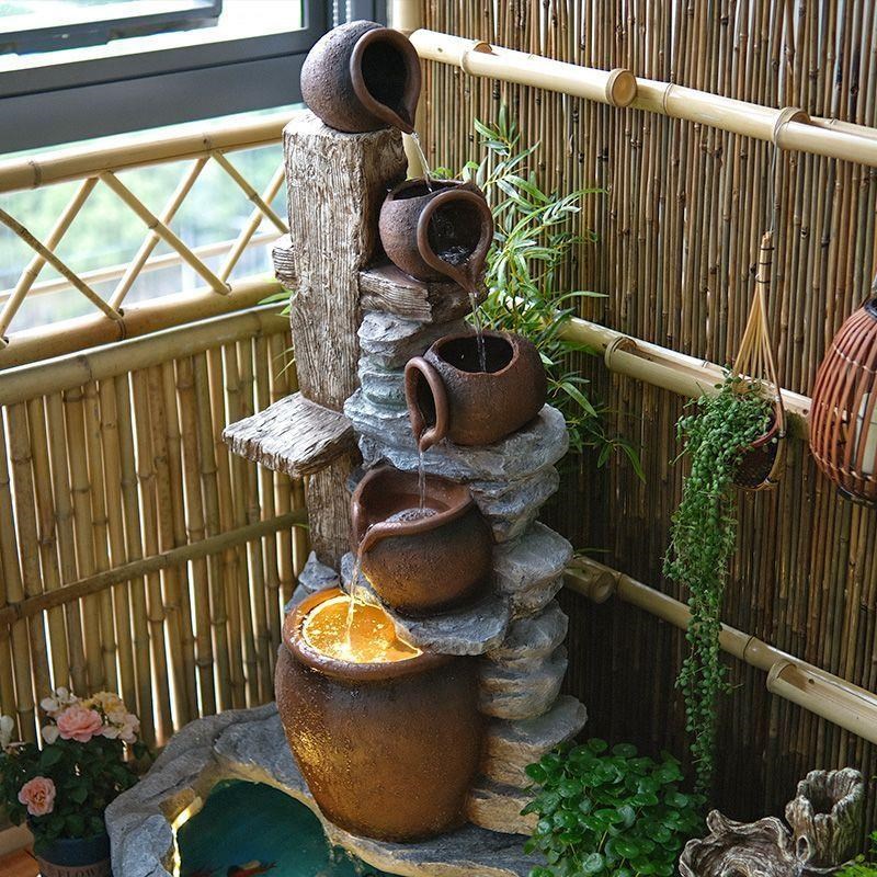户外庭院b陶罐高山流水摆件山水盆景小院水景鱼池水循环造景景观