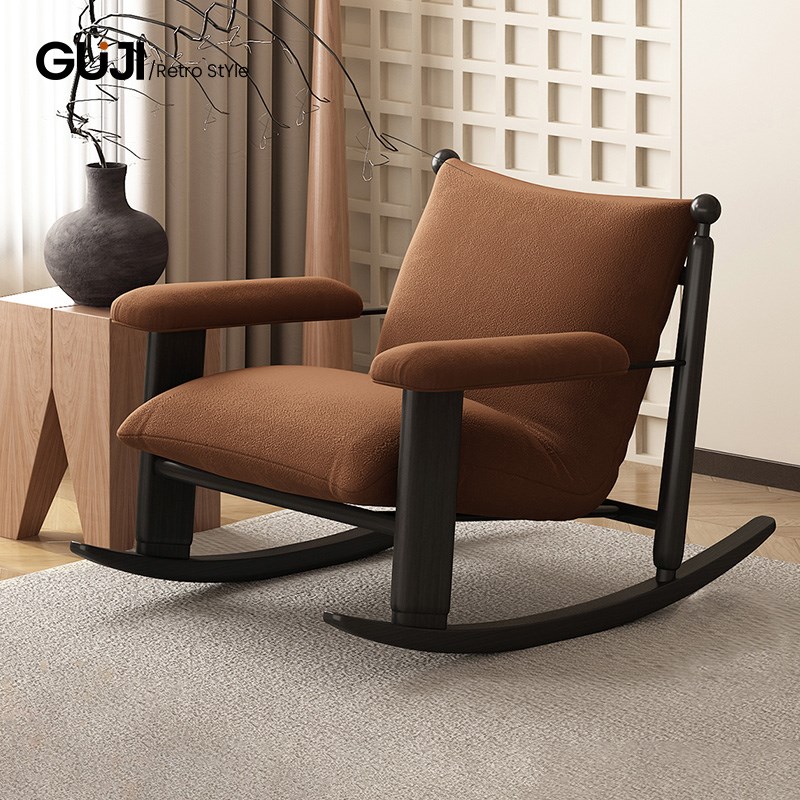 GUJI中古风摇摇椅客厅单人沙发z实木覆古休闲 椅懒人躺椅现代