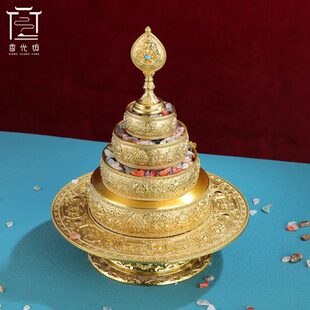 纯铜曼扎盘民族用品雕刻八吉祥无缝曼扎曼茶罗曼达盘带托盘全套10