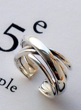 复古多层缠绕男士单身戒个性潮酷食指尾戒光面不规则线条开口戒指