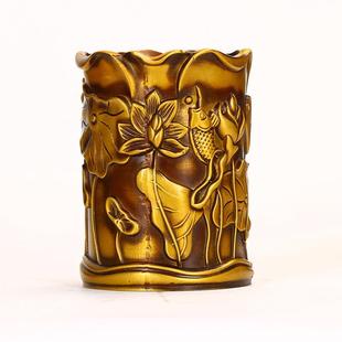 直供笔仿古古玩铜制筒雕刻家荷370花荷叶创意摆件铜工品艺居办公