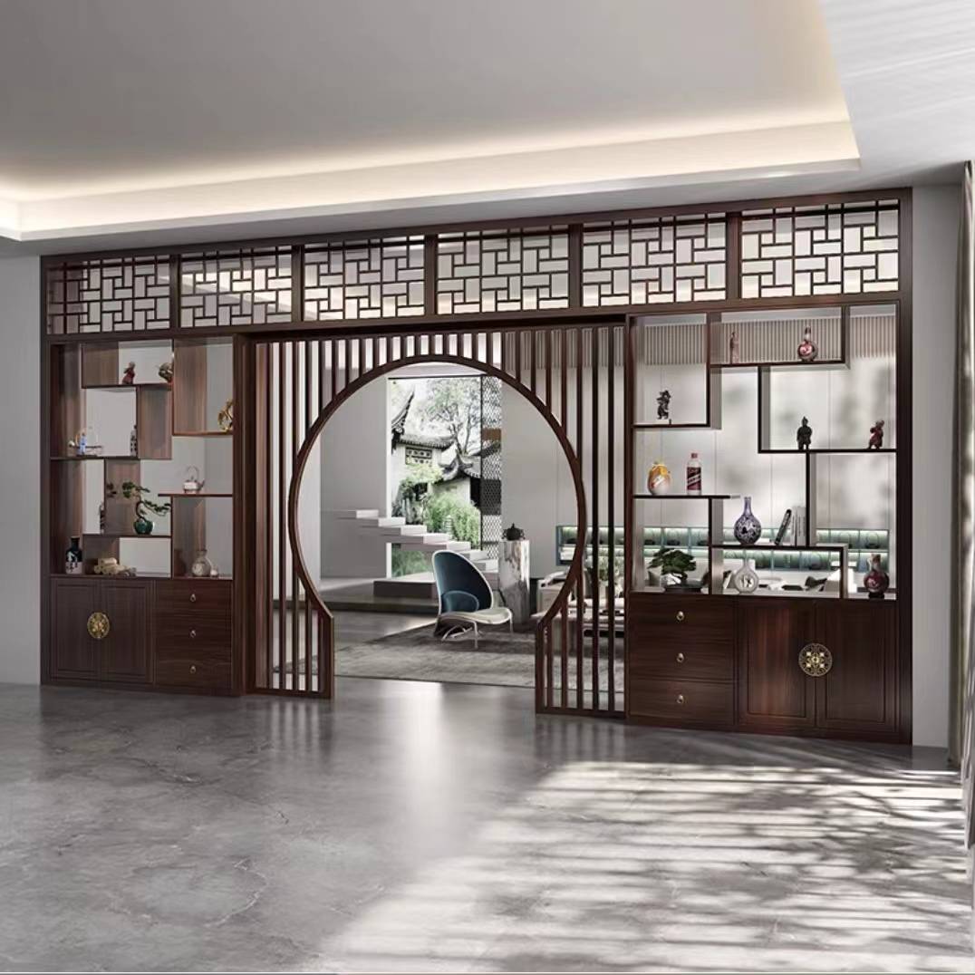 ?新中式中古风纯实木花格栅垭口月牙门中堂拱形博古架隔断屏风客