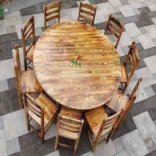厂家直销面馆餐食木餐桌椅圆堂组合碳化桌椅饭店桌子大11156排档