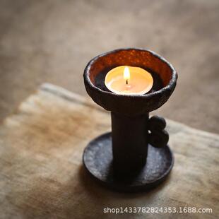粗陶烛台手JWB古捏 古中朴陶器黑陶蜡烛台 台灯式复 陶土茶席摆件