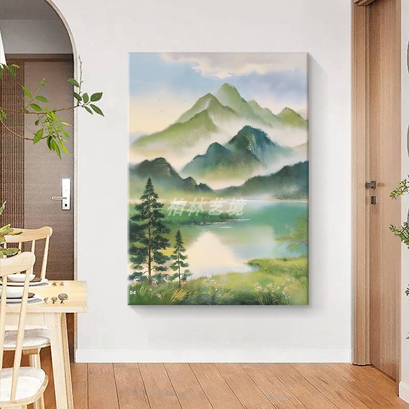 顺丰客厅青山绿水装饰壁画玄关抽象风景手绘油画中国水墨意境
