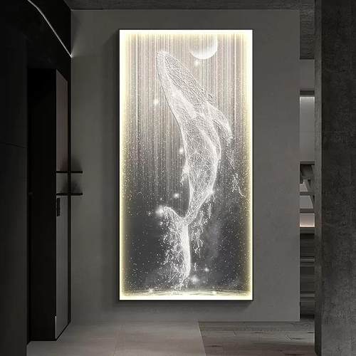 入al202302道玄走关装饰画现代简约廊过挂画LED灯画正对门竖版鲸