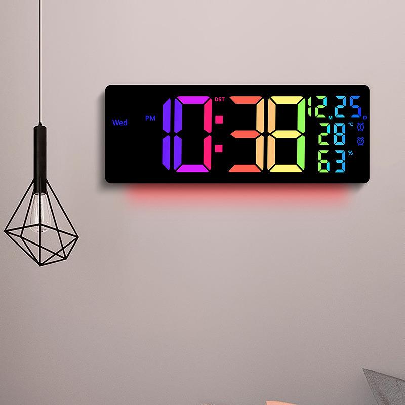 新跨境LED幻彩挂钟RGB变色客厅挂钟显示多功能闹钟大尺寸6669RGB
