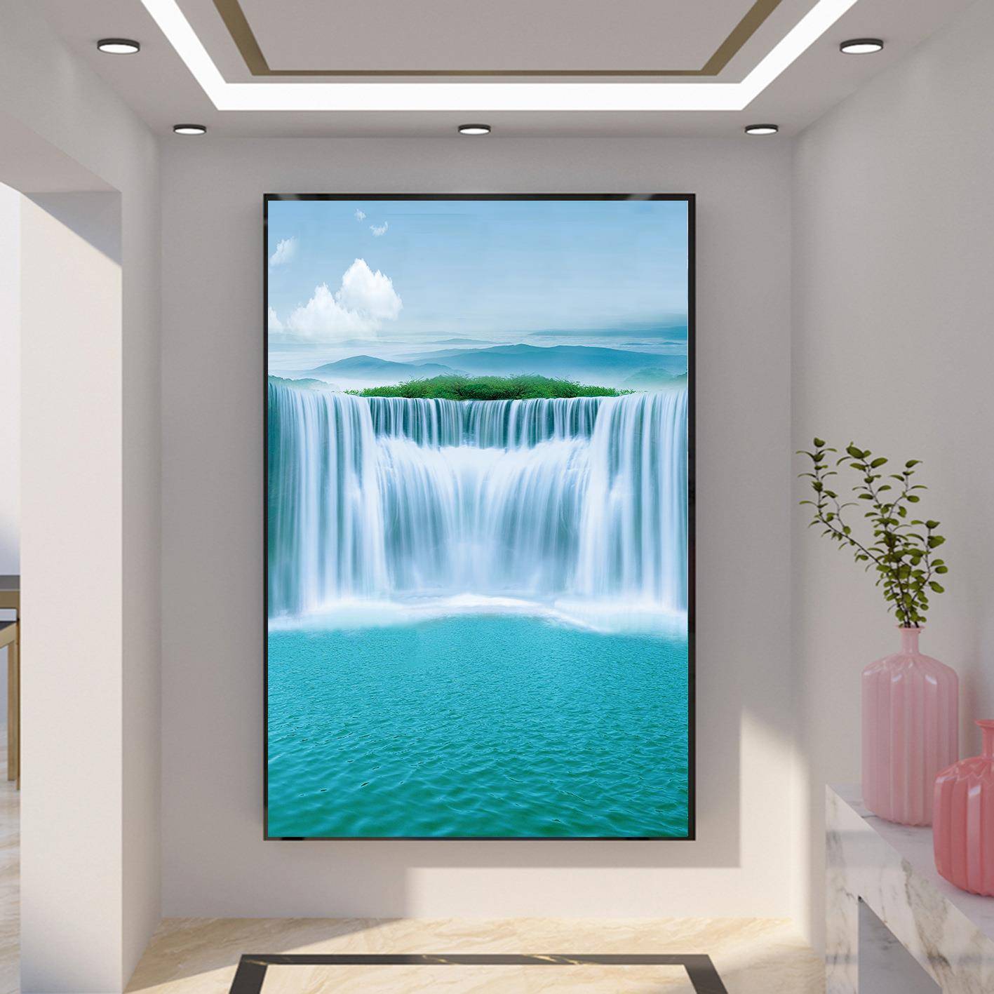 流水生财黄果树瀑布聚宝盆风景画客厅走廊过道玄关装饰晶瓷框挂画