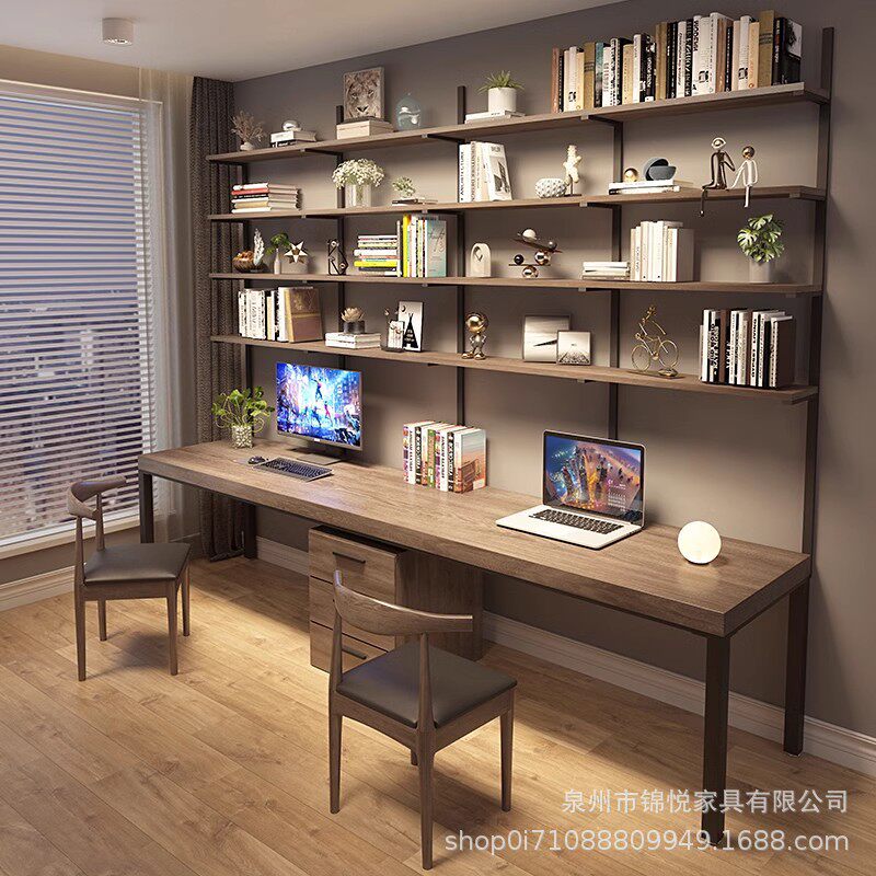 免钉墙loft实木书桌书架一体双人台式电脑桌简约家用书桌卧室学习
