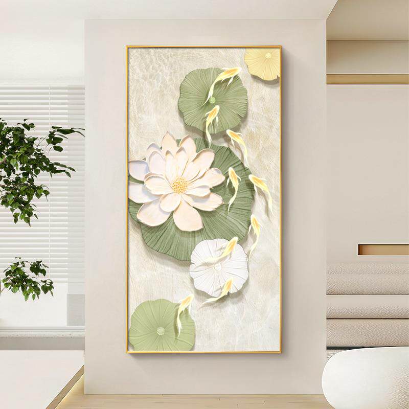 奶油风入户玄关装饰画荷花鱼图壁画感寓意好走廊新中式过道挂画
