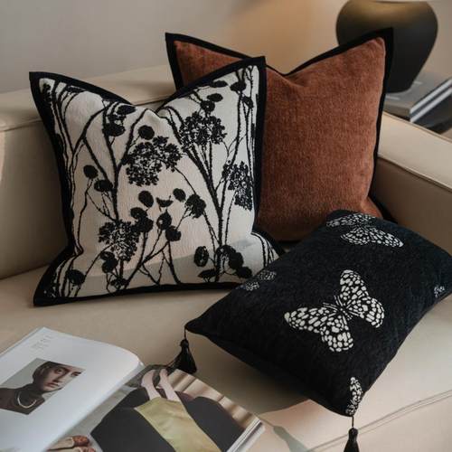 Q现代简约法式中古风客厅沙发抱枕黑白轻奢纯色靠垫棕色流苏靠枕