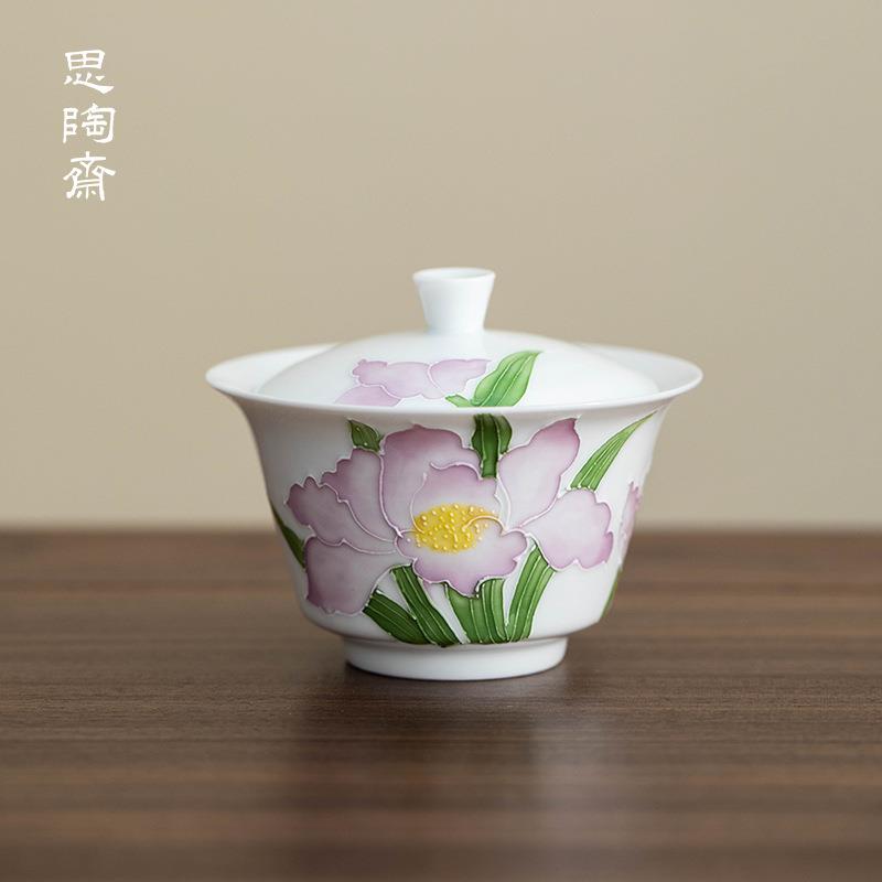 手绘堆雕鸢尾花马蹄盖碗现代小清新家用陶瓷单个茶碗泡茶碗