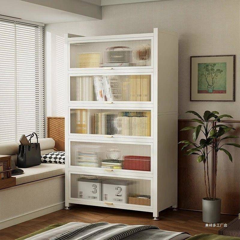 家用钢制书柜带门落地多层书架防尘储物柜客厅展示柜置物架收纳柜
