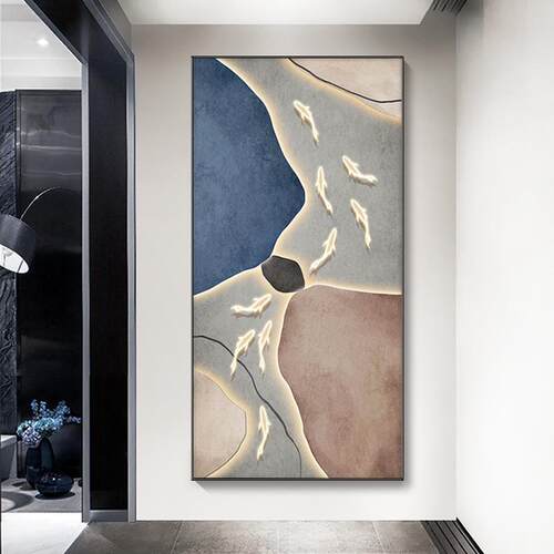 入户鱼图玄关装饰画现代轻奢蓝色客厅竖版壁画走廊过道晶瓷挂画