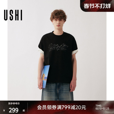USHI悠时 潮酷印花钉珠时尚休闲松弛感阔形短袖T恤2026年春季男装