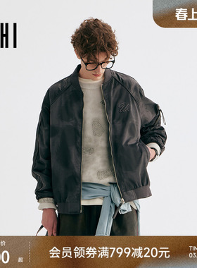USHI悠时简约立领通勤休闲罗纹拼接廓版刺绣LOGO潮酷印染夹克男装