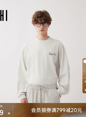 USHI悠时 复古做旧潮流个性休闲阔形圆领长袖T恤2026年春季男装