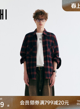 USHI悠时 美式复古格纹衬衫春秋季廓形长袖上衣撞色宽松外套男