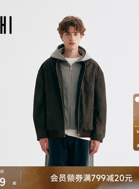 【明星同款】USHI悠时皮衣外套男秋冬假两件宽松连帽美式仿皮夹克